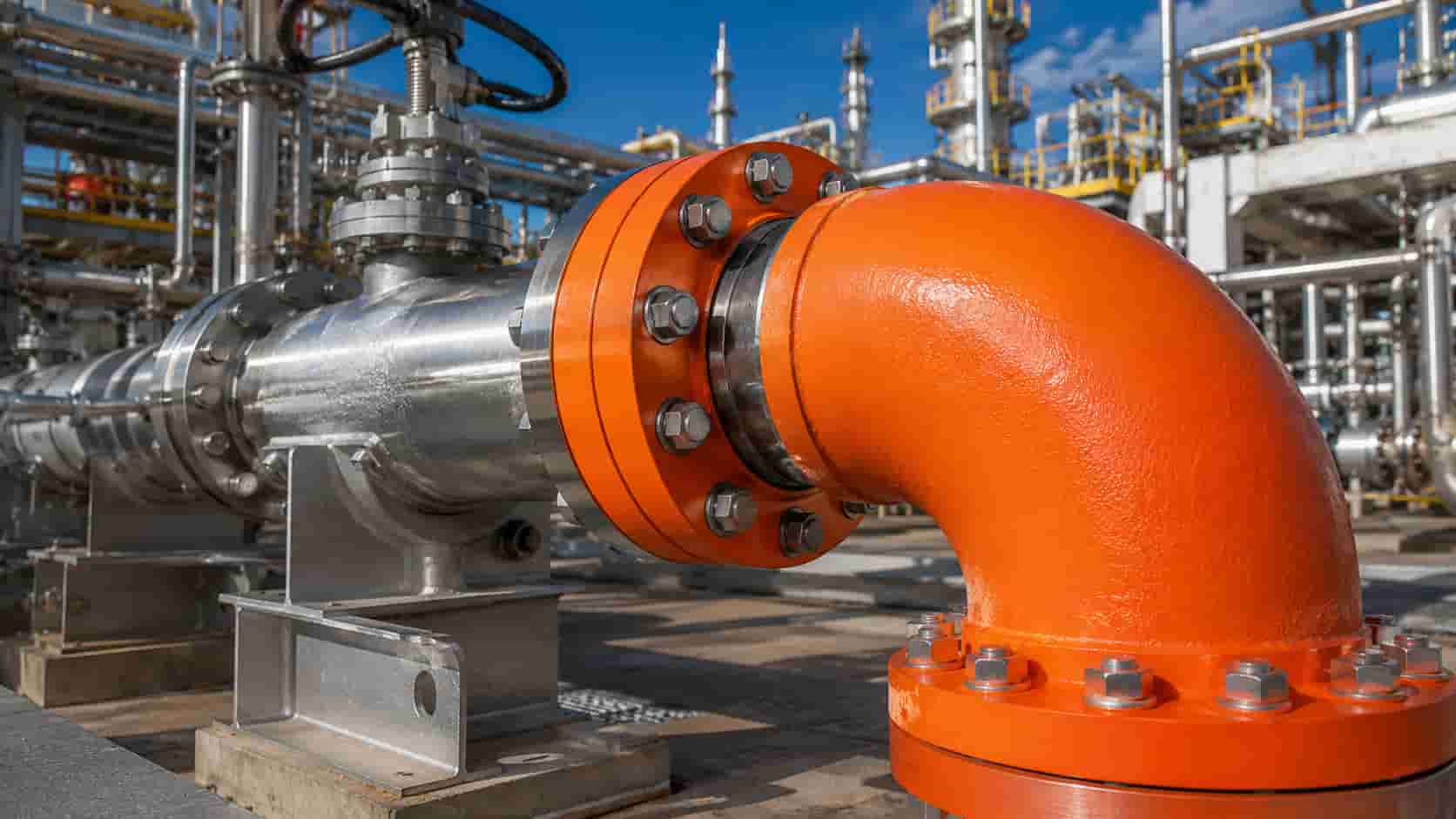 Industrial Equipment Sourcing Company — Valves, Pipe, OCTG, MRO Supplies Orange flanged elbow with bolted flange joints on refinery piping — pipe fittings and flanges supplier