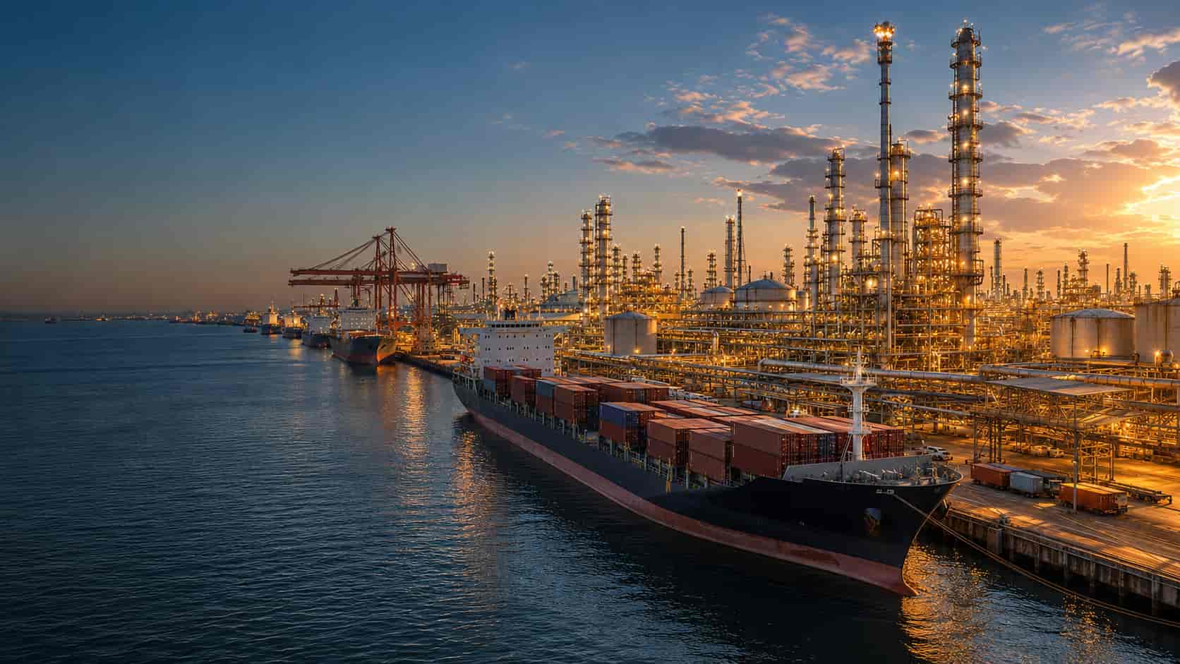 Container ship berthed beside an illuminated petrochemical refinery at sunset — distillation columns, storage tanks and port cranes