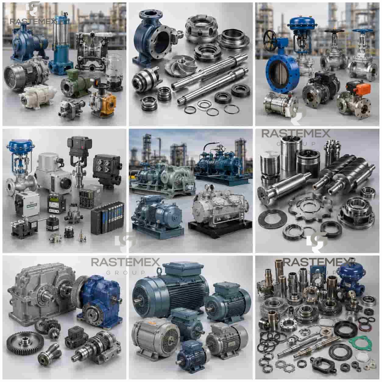 Industrial Equipment Sourcing Company — Valves, Pipe, OCTG, MRO Supplies Collage of mechanical equipment — gearboxes, motors, valves and spare parts