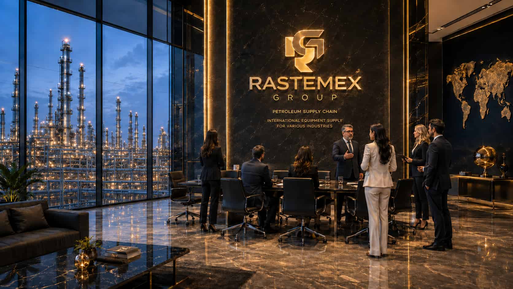 Rastemex Group brand visualization — sourcing team in a boardroom overlooking an illuminated petrochemical complex