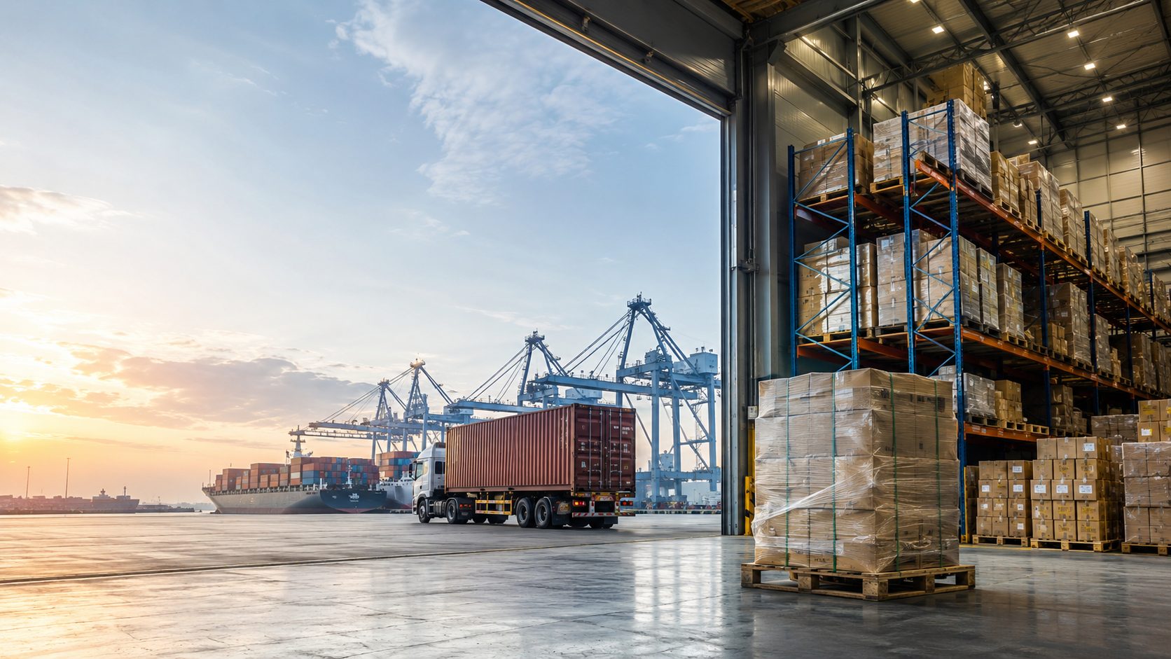 Container port at dusk — a truck hauls a container between the warehouse and ship-to-shore cranes