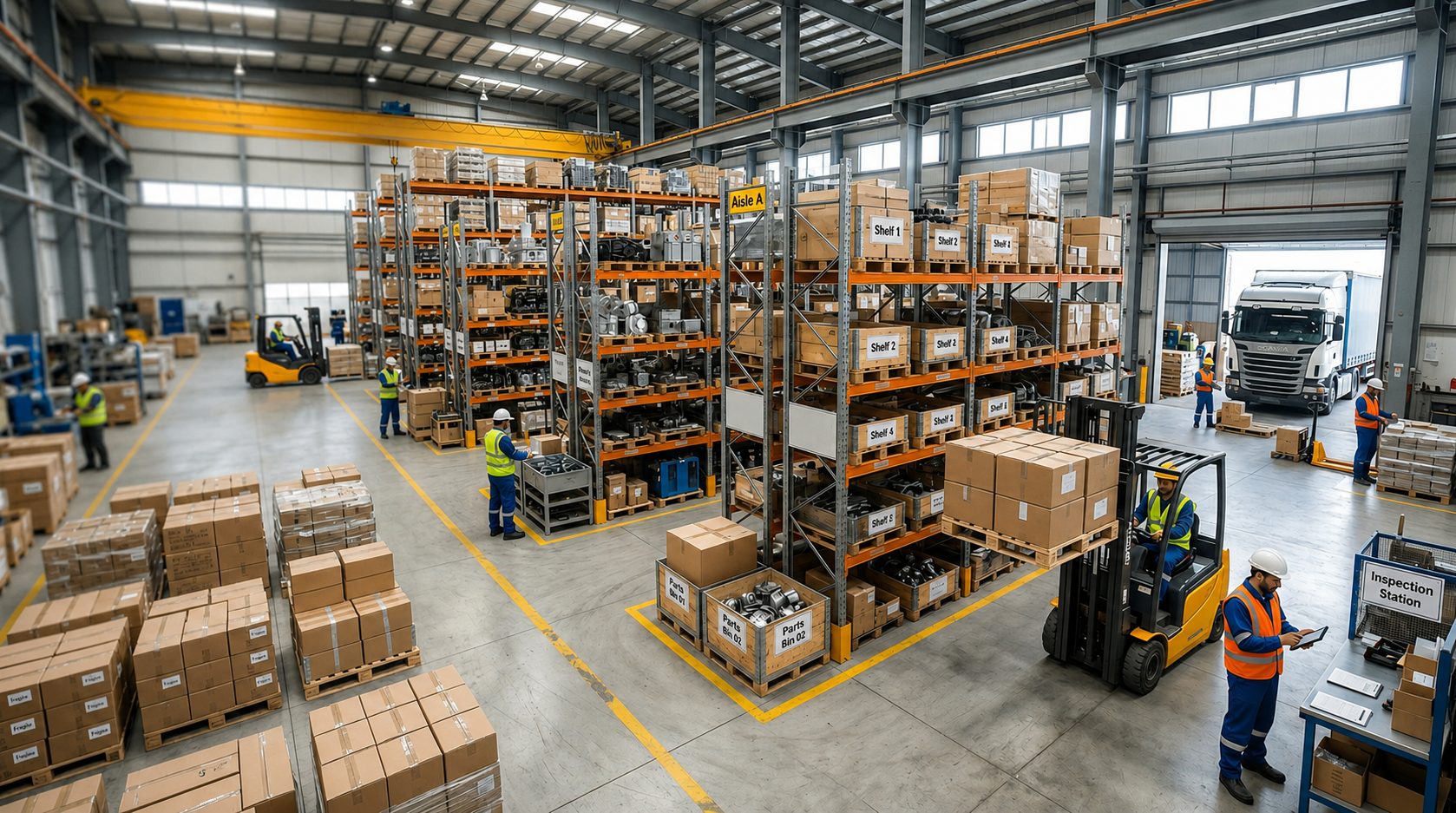 Parts warehouse interior — racked shelving, forklifts and staff processing orders