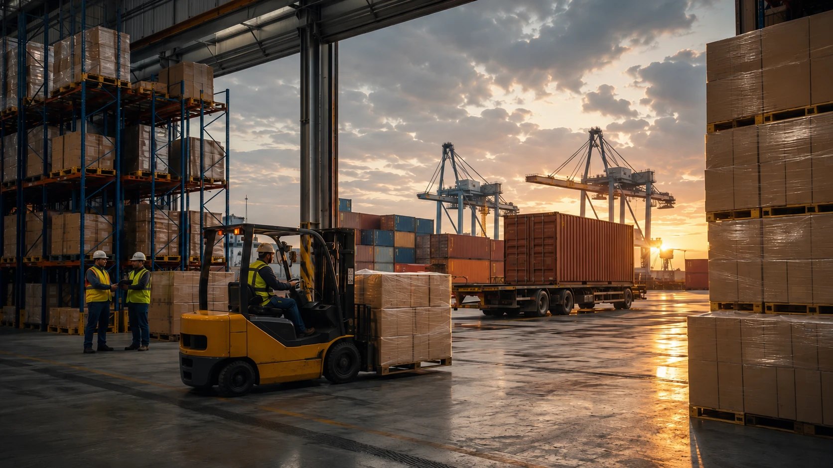 Forklift moving palletized cargo at the loading dock, container truck and port cranes at sunset